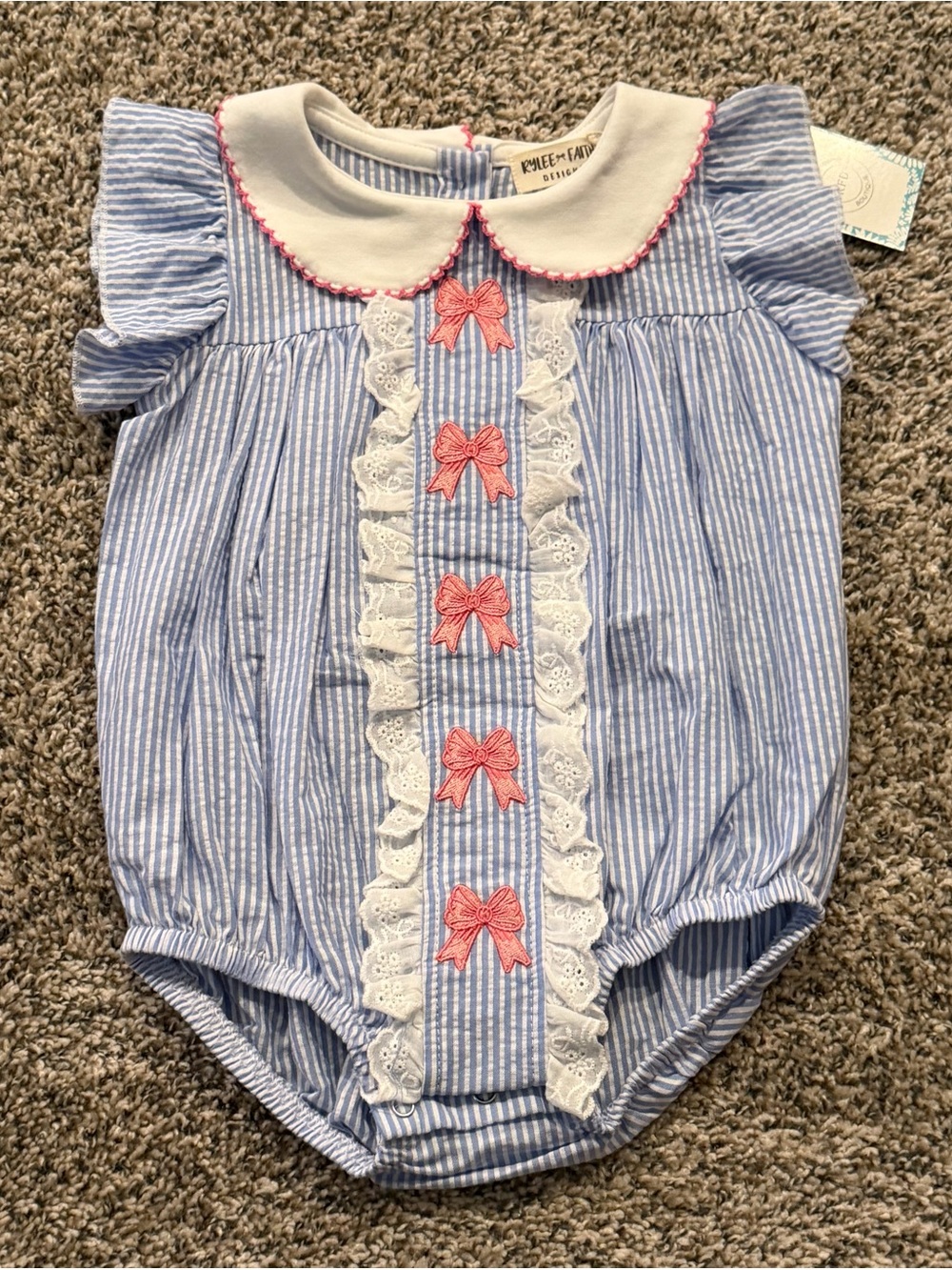 Knit-Wear Baby Girls Blue Stripe One-Piece with Pink Bows